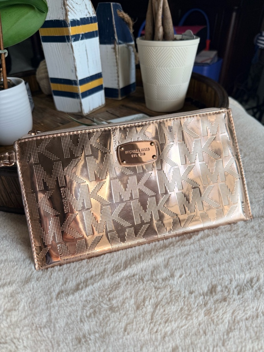 Michael Kors Rose Gold Metallic MK Logo Wristlet Clutch Zip Pouch - Used once